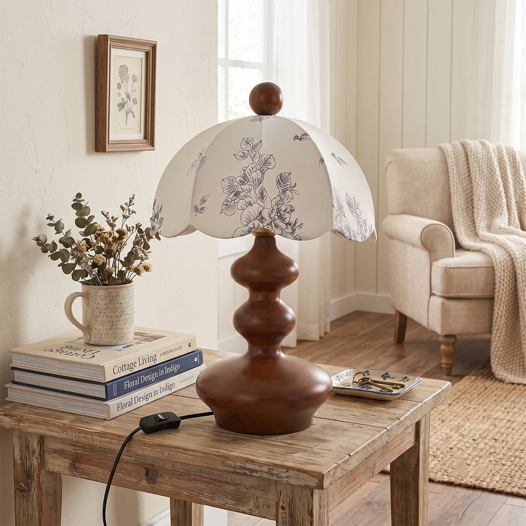 Scalloped Botanical Shade Wood Base Table Lamp