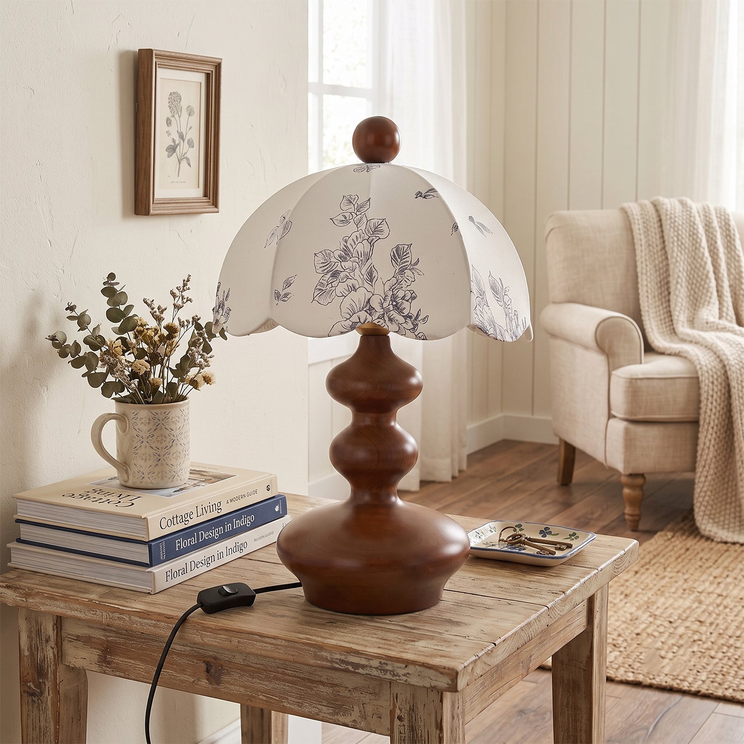Scalloped Botanical Shade Wood Base Table Lamp