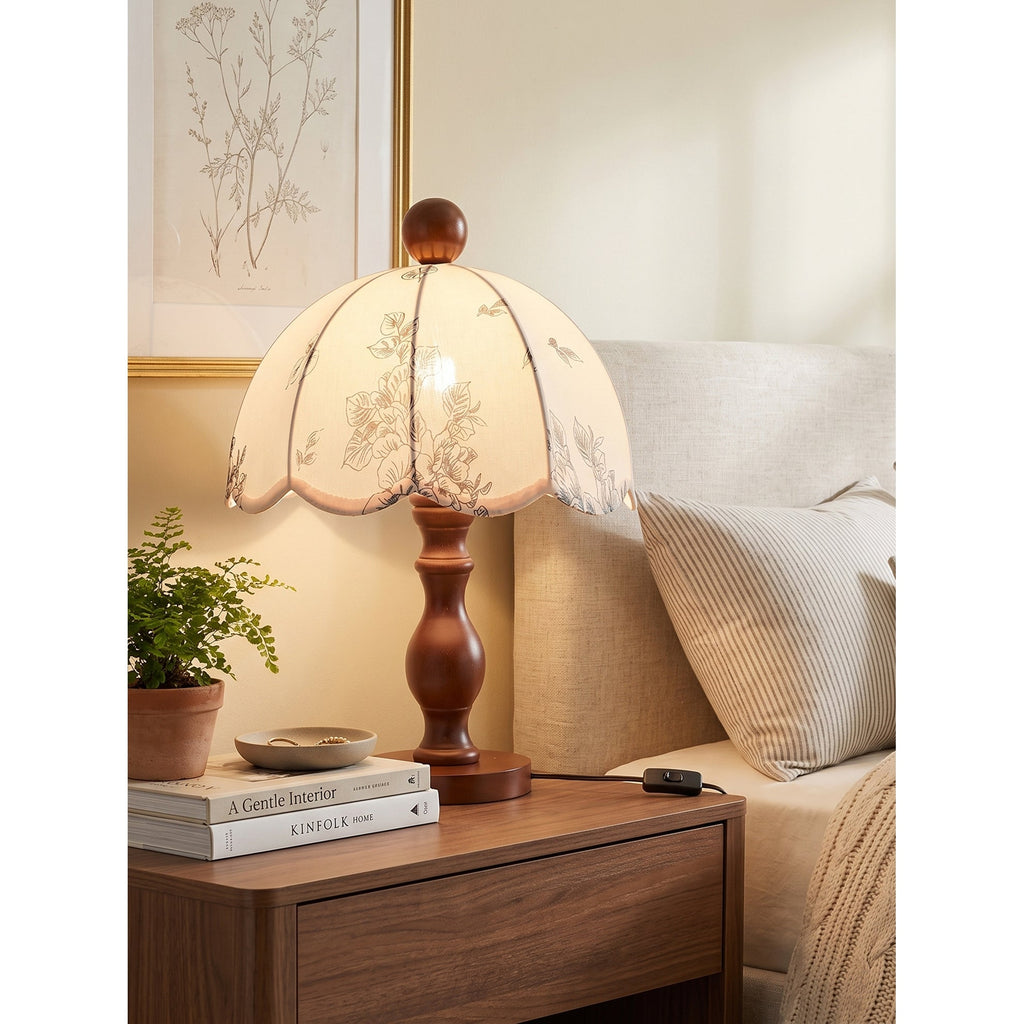 Scalloped Botanical Shade Wood Base Table Lamp