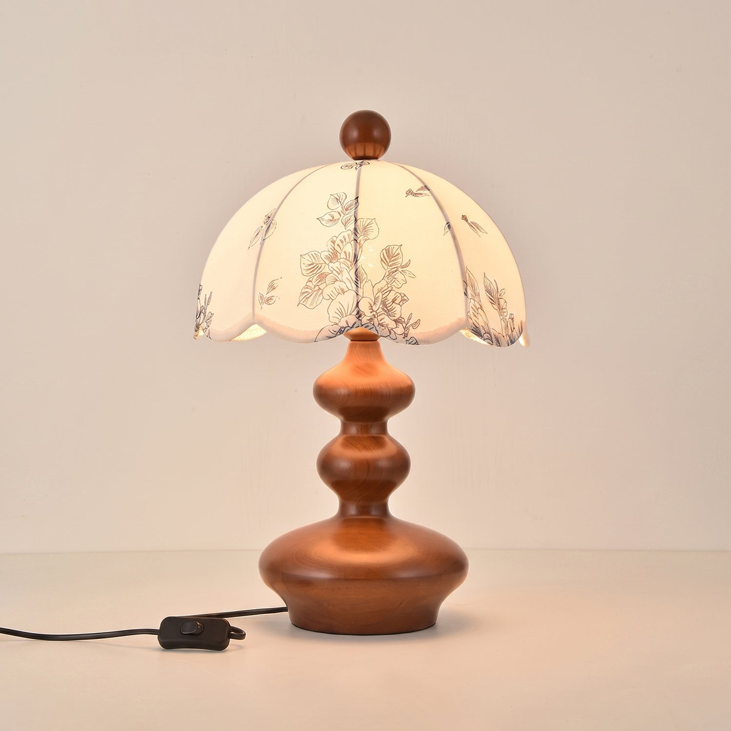 Scalloped Botanical Shade Wood Base Table Lamp