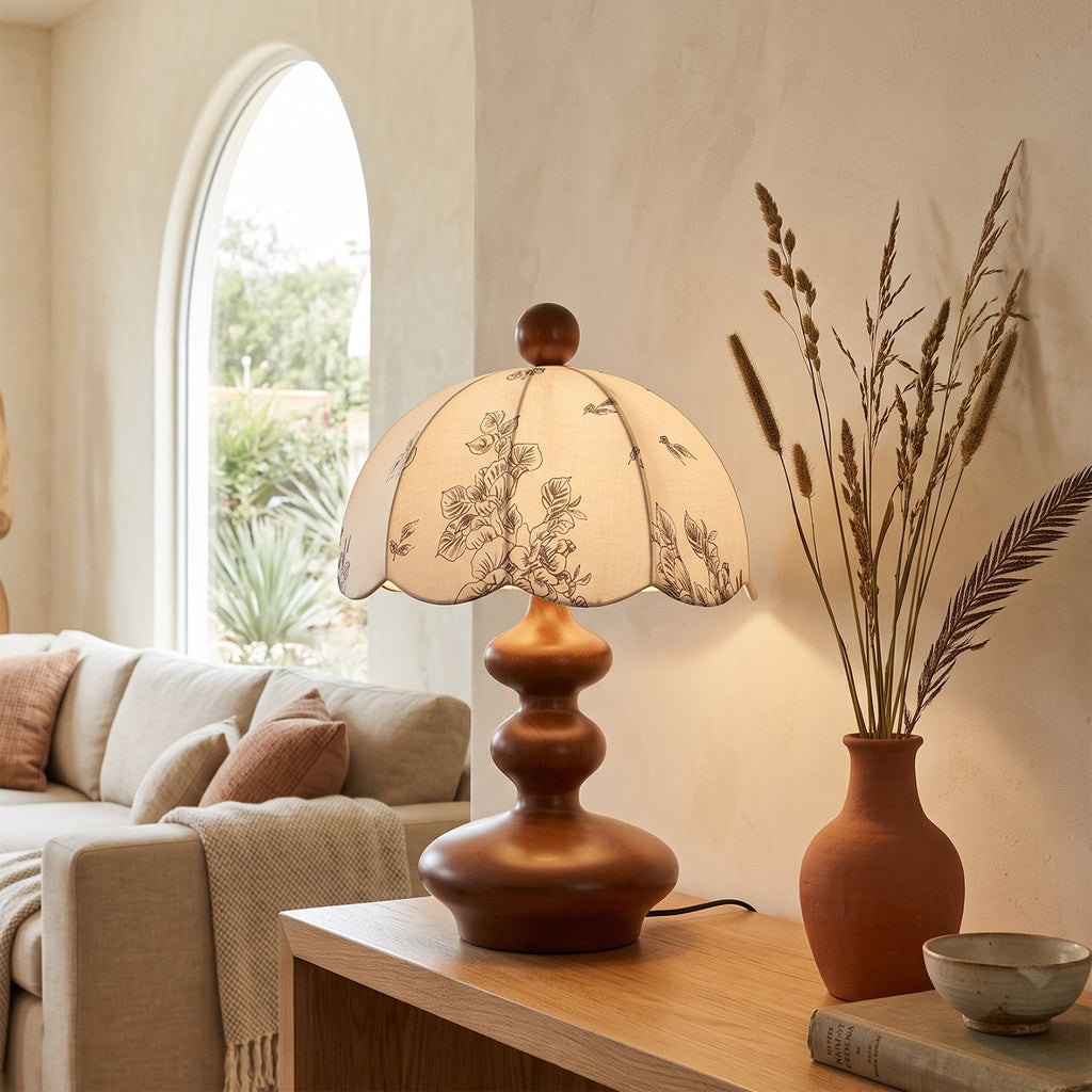 Scalloped Botanical Shade Wood Base Table Lamp