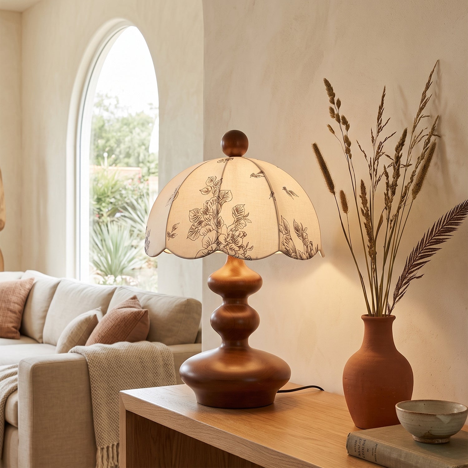 Scalloped Botanical Shade Wood Base Table Lamp
