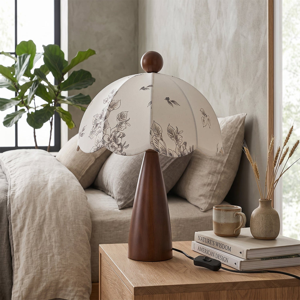Scalloped Botanical Shade Wood Base Table Lamp