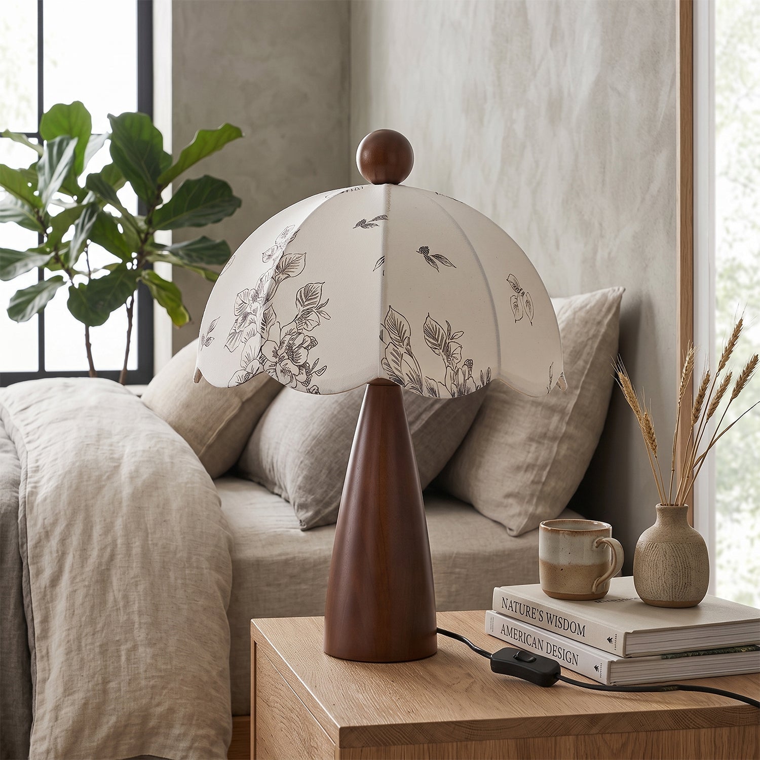 Scalloped Botanical Shade Wood Base Table Lamp