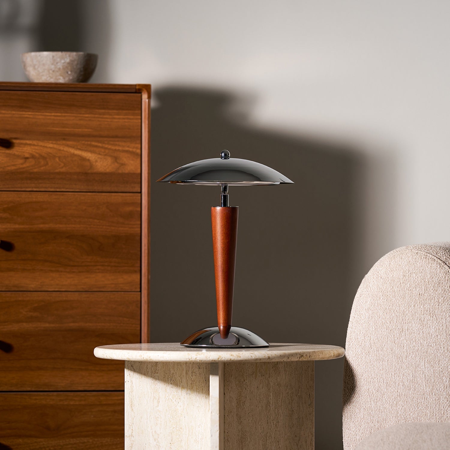 Mirror-Chrome Dome Table Lamp with Wood Stem