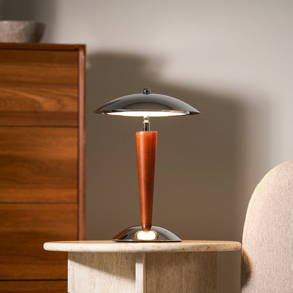 Mirror-Chrome Dome Table Lamp with Wood Stem