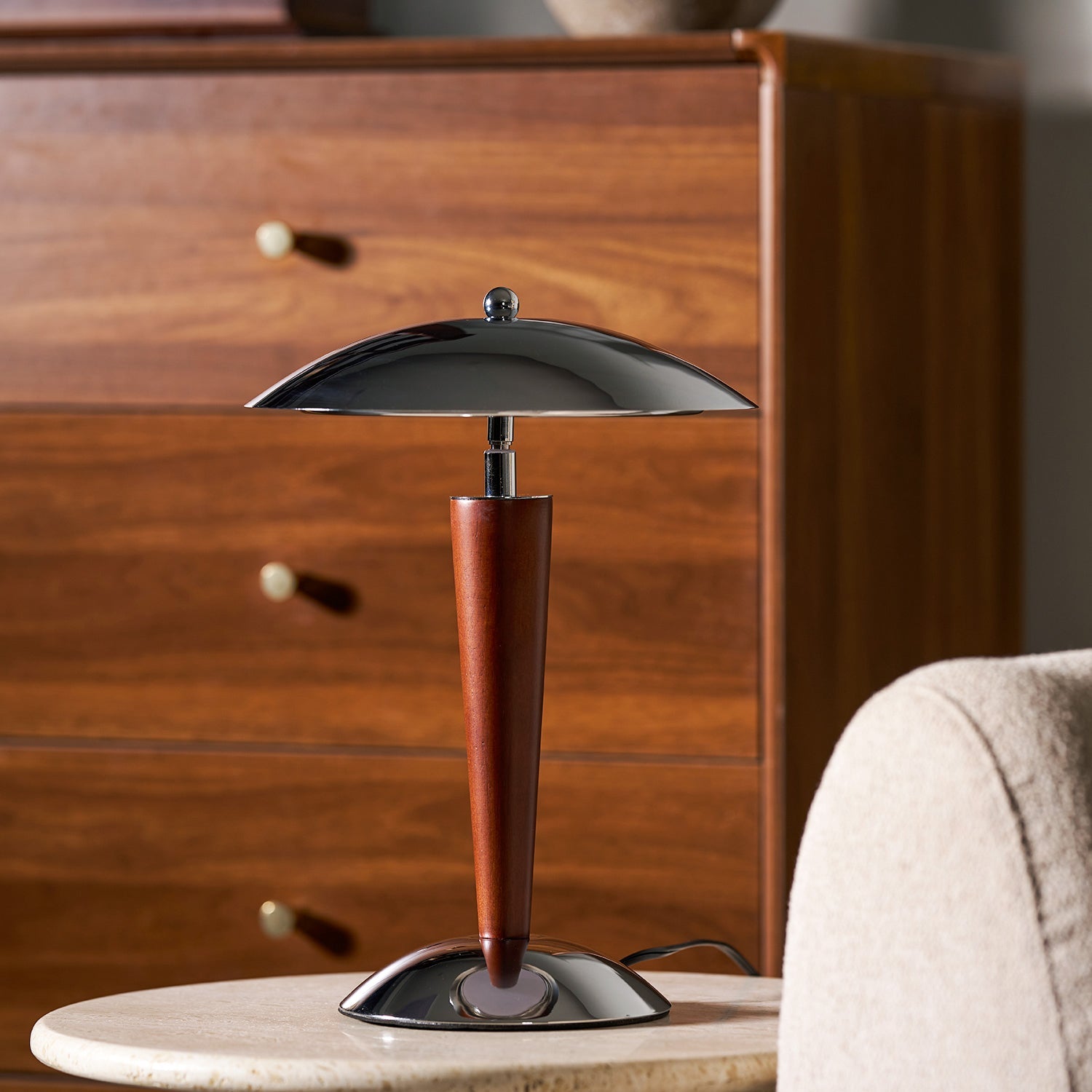 Mirror-Chrome Dome Table Lamp with Wood Stem