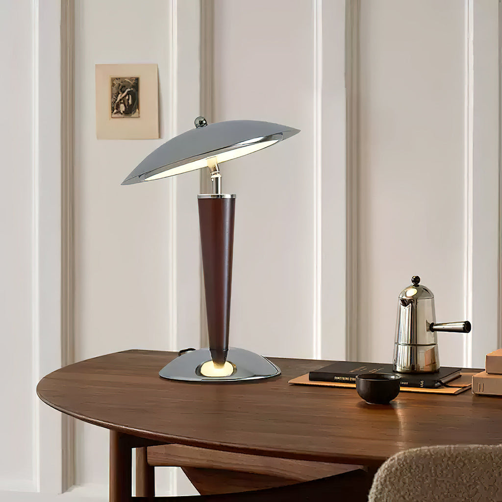 Mirror-Chrome Dome Table Lamp with Wood Stem