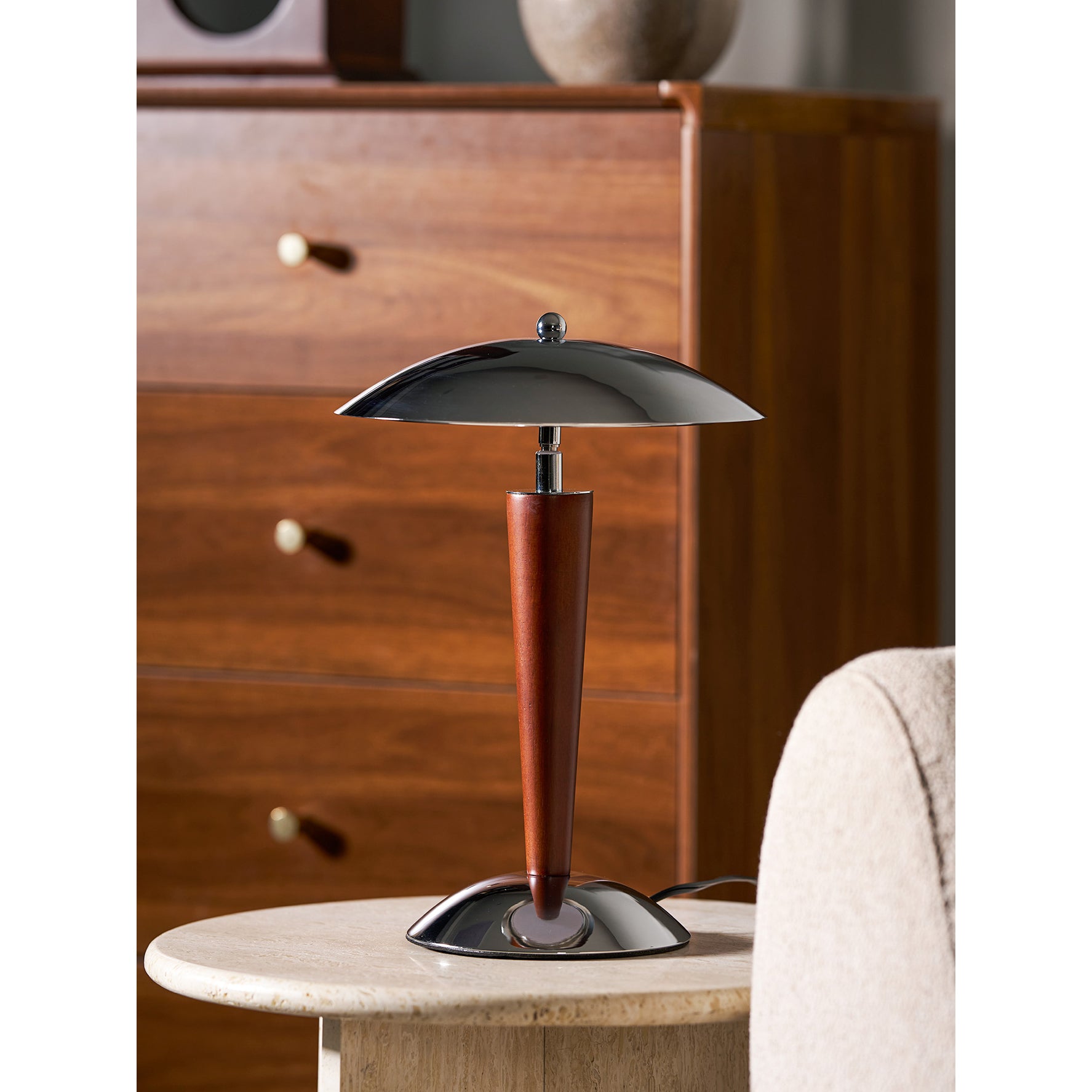 Mirror-Chrome Dome Table Lamp with Wood Stem