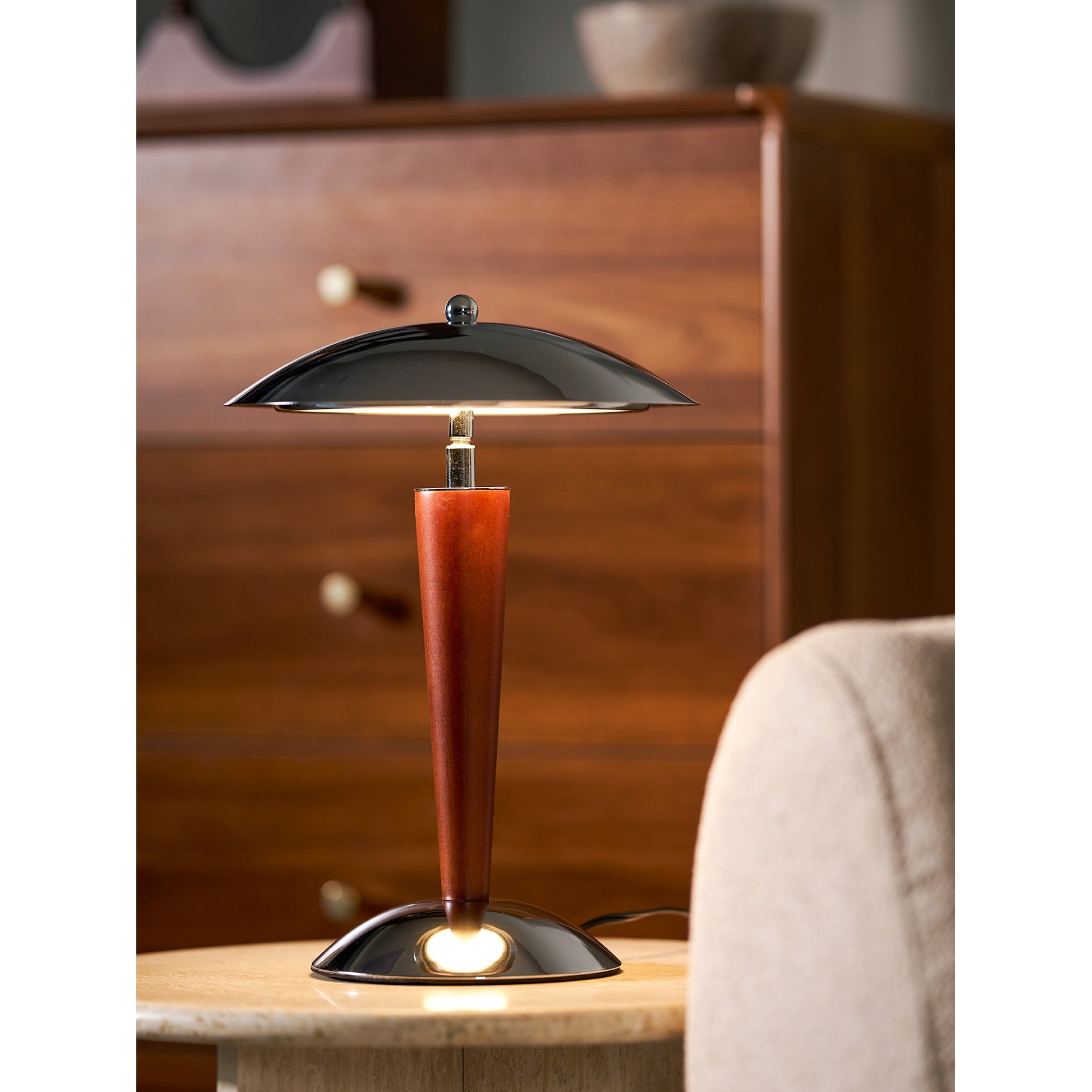 Mirror-Chrome Dome Table Lamp with Wood Stem