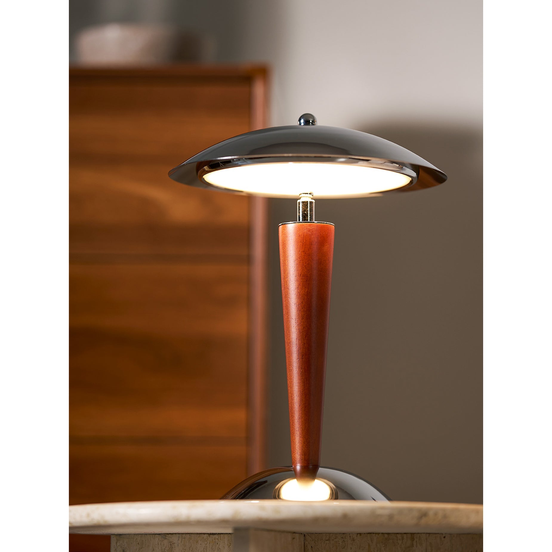Mirror-Chrome Dome Table Lamp with Wood Stem