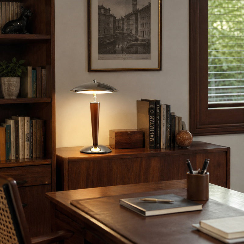 Mirror-Chrome Dome Table Lamp with Wood Stem