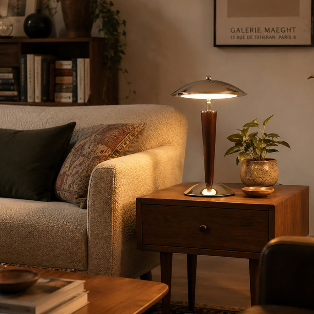 Mirror-Chrome Dome Table Lamp with Wood Stem