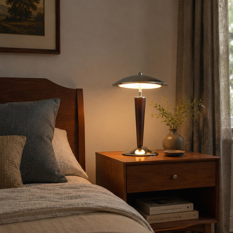 Mirror-Chrome Dome Table Lamp with Wood Stem