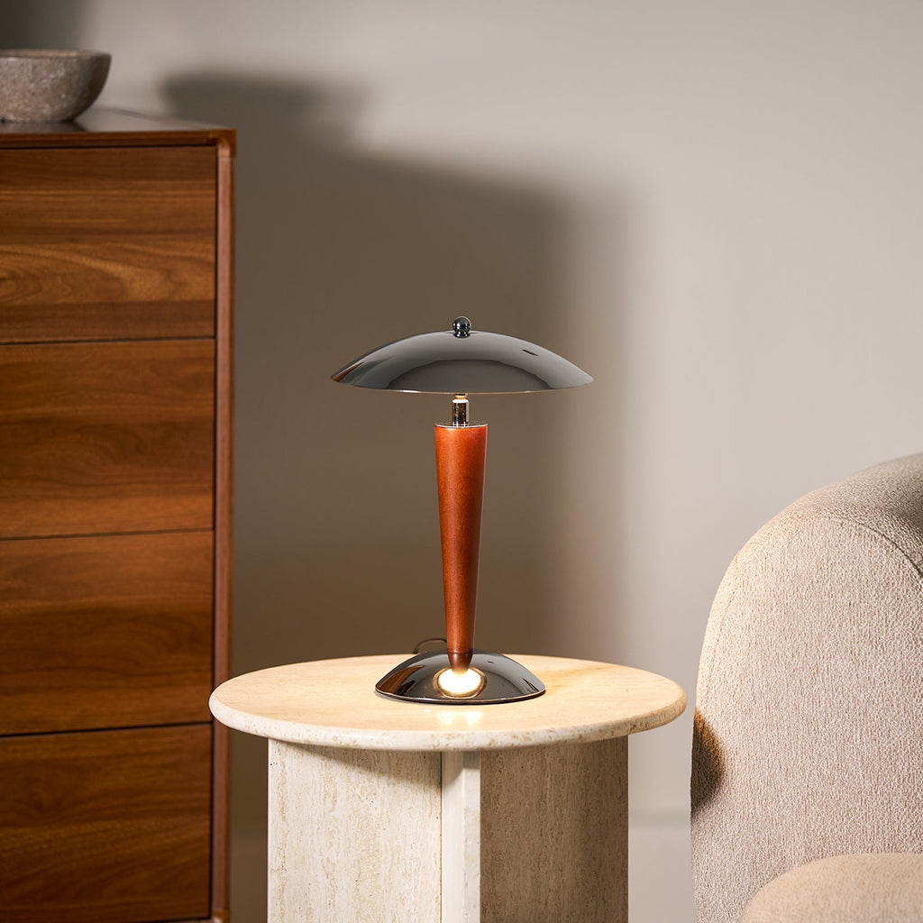 Mirror-Chrome Dome Table Lamp with Wood Stem
