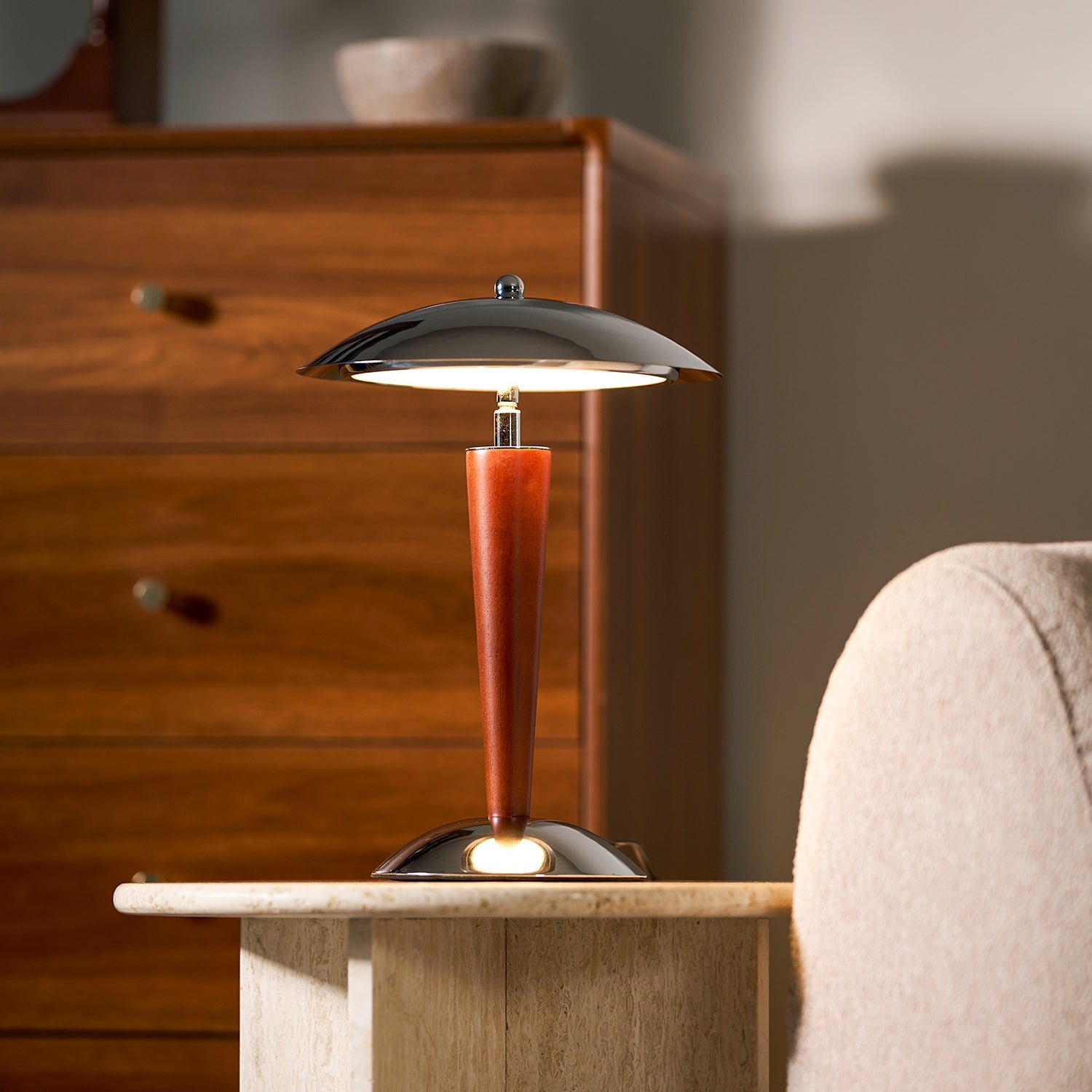 Mirror-Chrome Dome Table Lamp with Wood Stem