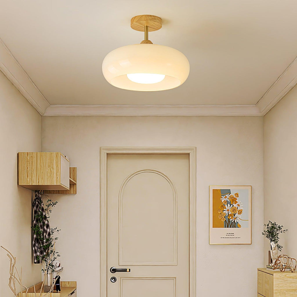 Nordic Wooden Dome Glass LED Semi-Flush Mount Ceiling Light 1-Light