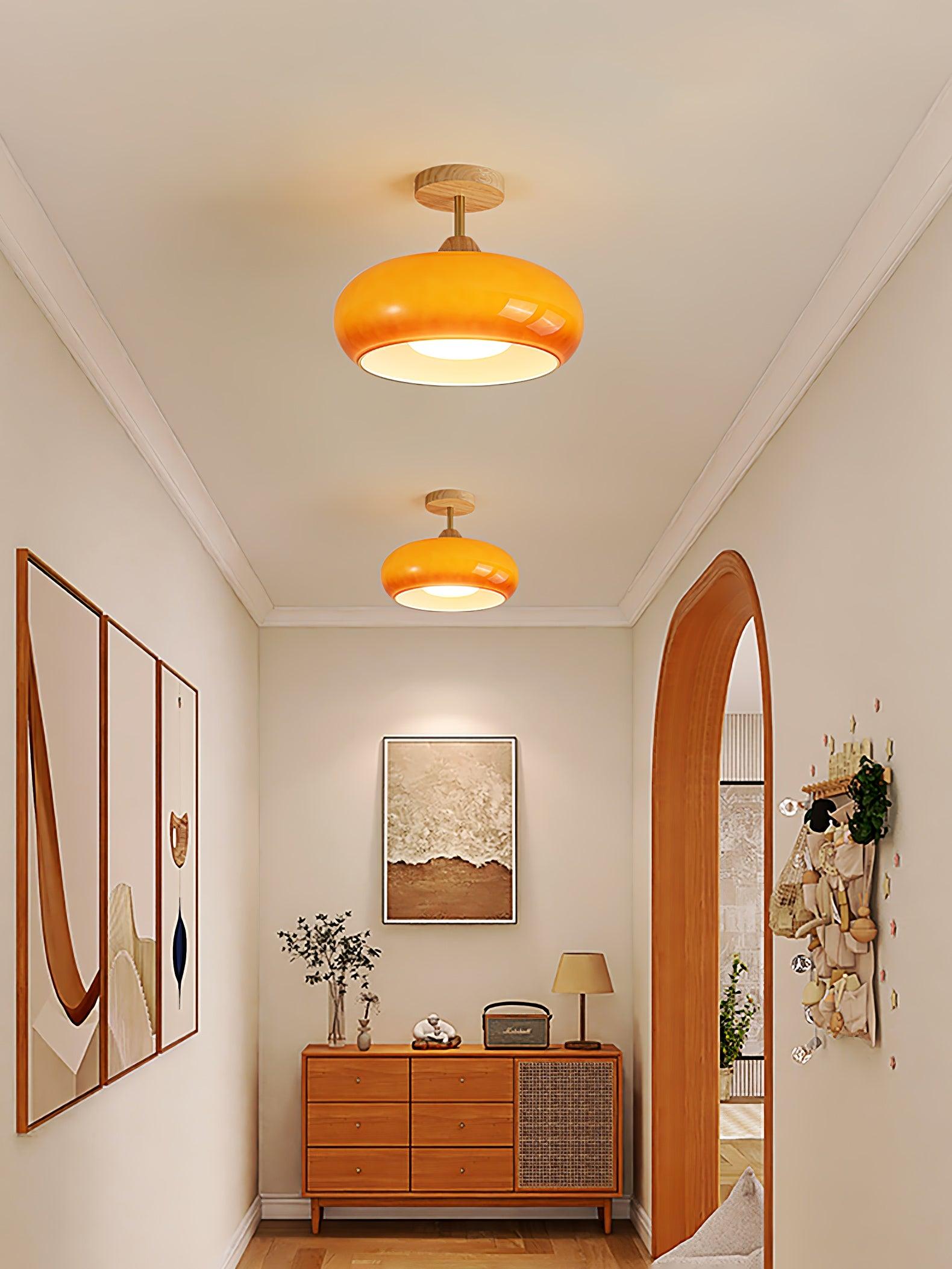 Nordic Wooden Dome Glass LED Semi-Flush Mount Ceiling Light 1-Light