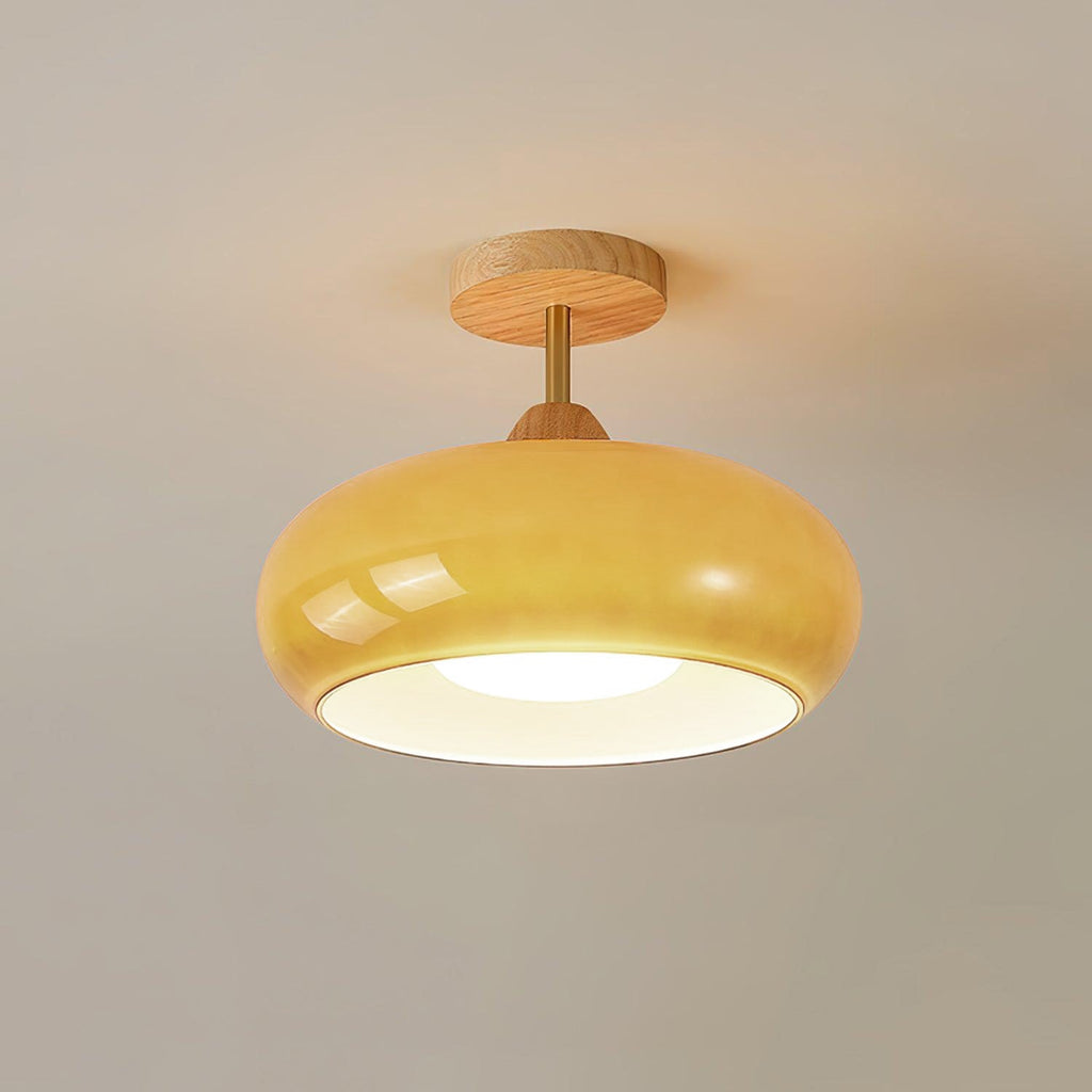 Nordic Wooden Dome Glass LED Semi-Flush Mount Ceiling Light 1-Light