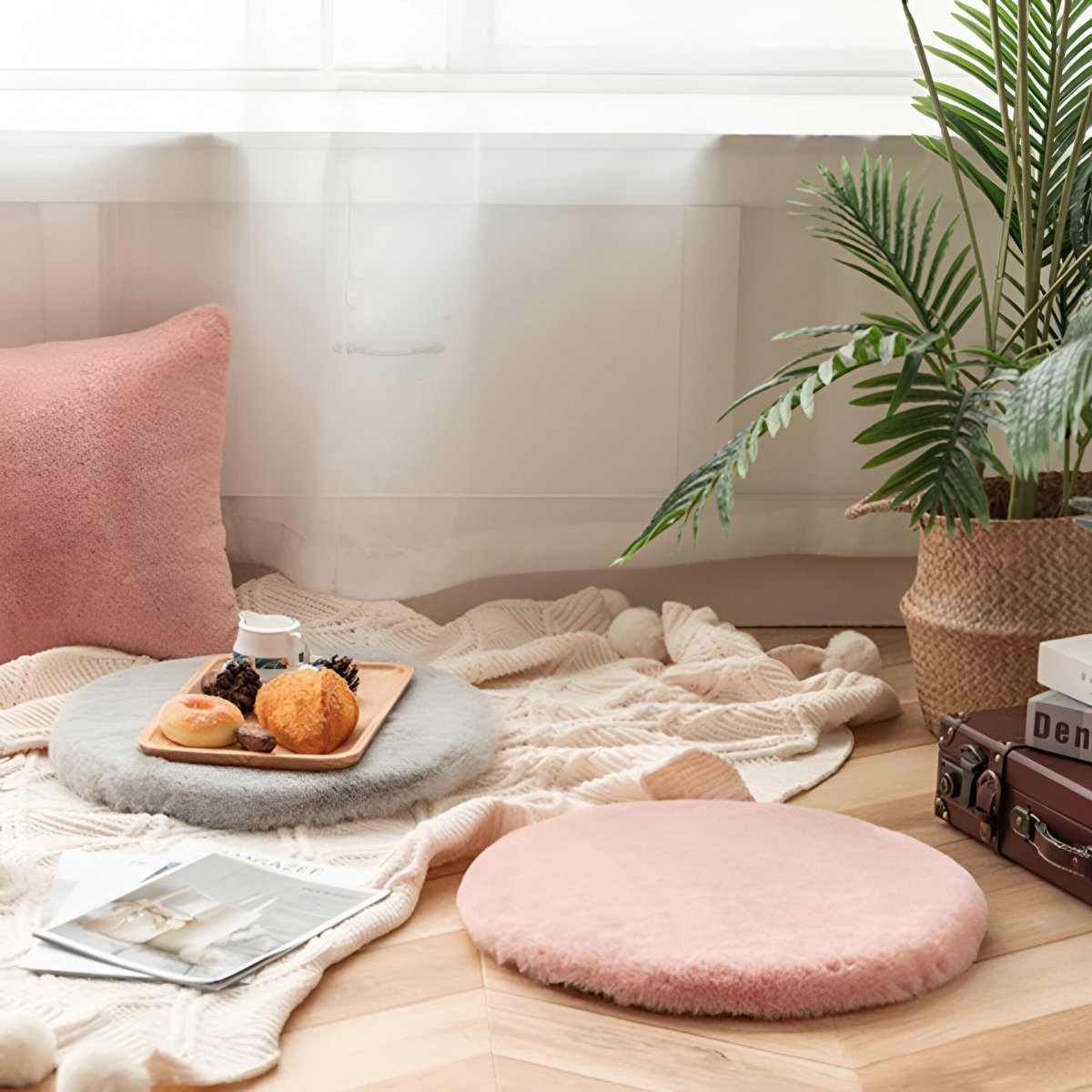 Round Seat Cushion 45cm Plush Faux Fur Thick Padding Chair Car Seat Indoor Use