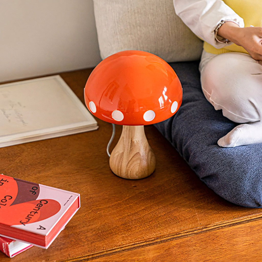 Polka Dot Mushroom Wood Table Lamp