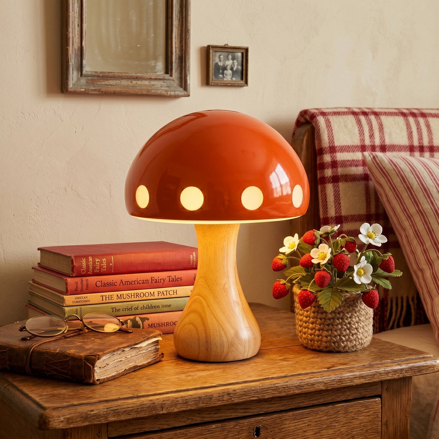 Polka Dot Mushroom Wood Table Lamp