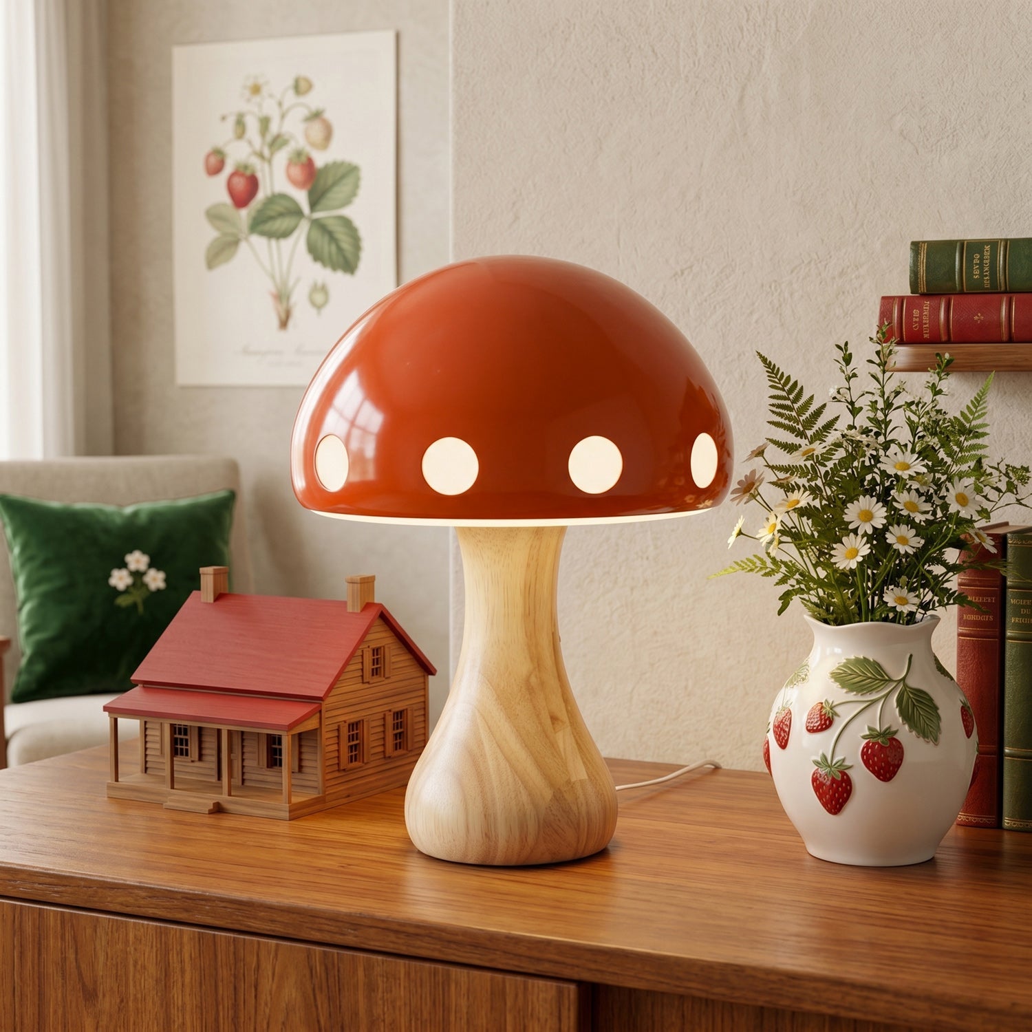 Polka Dot Mushroom Wood Table Lamp
