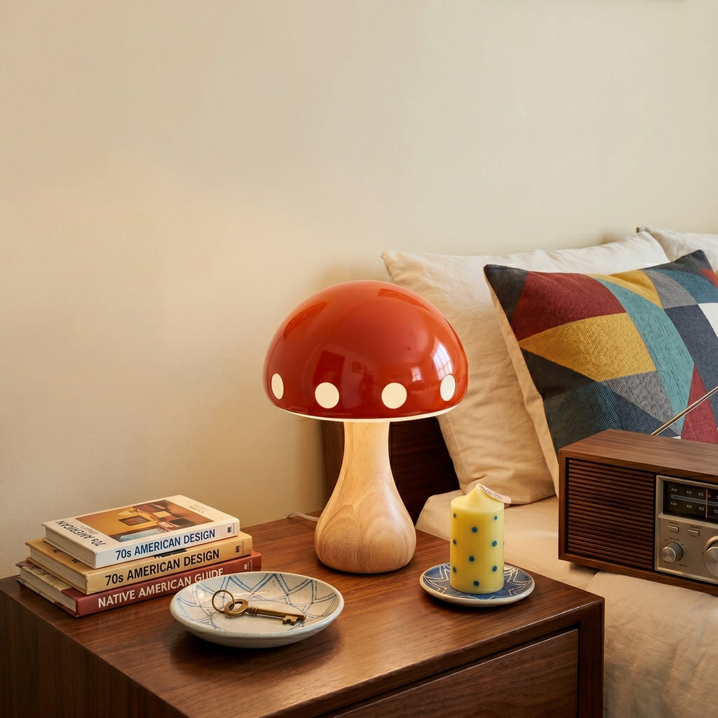 Polka Dot Mushroom Wood Table Lamp
