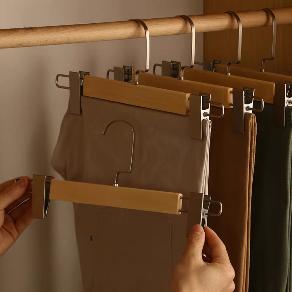 Premium Wooden Trouser Hangers with Clips – 360° Rotating Hook for Pants and Skirts Organization