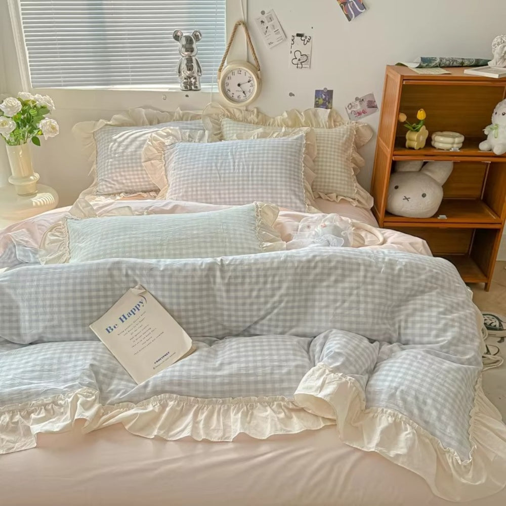 PrincessStyle: Checkered Duvet Cover Set – Soft, Breathable & Decorative with Lace Ruffles for Youth Rooms & Student Dorms