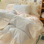 PrincessStyle: Checkered Duvet Cover Set – Soft, Breathable & Decorative with Lace Ruffles for Youth Rooms & Student Dorms