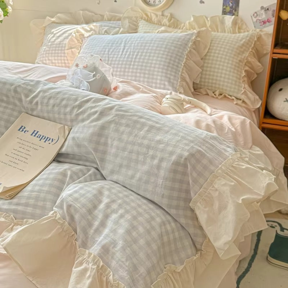 PrincessStyle: Checkered Duvet Cover Set – Soft, Breathable & Decorative with Lace Ruffles for Youth Rooms & Student Dorms