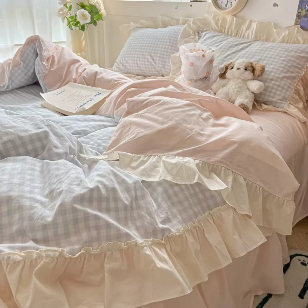 PrincessStyle: Checkered Duvet Cover Set – Soft, Breathable & Decorative with Lace Ruffles for Youth Rooms & Student Dorms