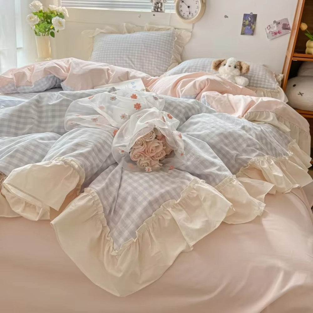 PrincessStyle: Checkered Duvet Cover Set – Soft, Breathable & Decorative with Lace Ruffles for Youth Rooms & Student Dorms