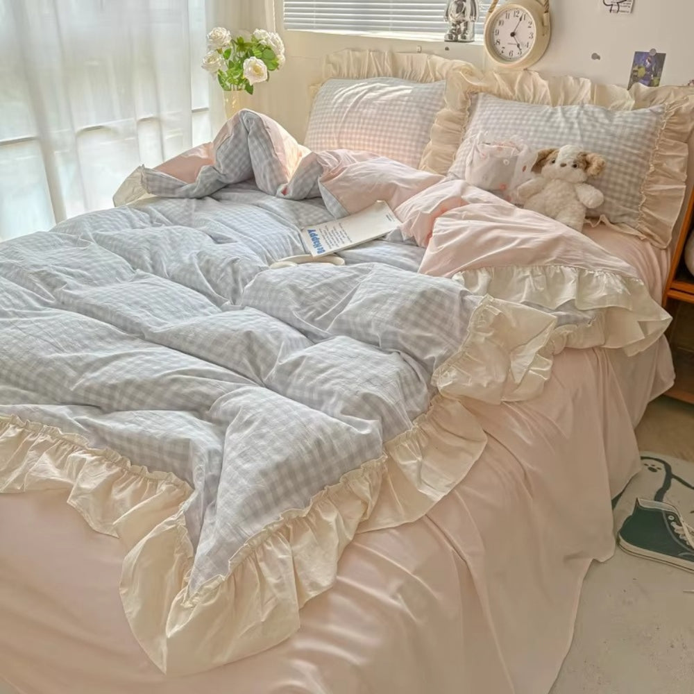 PrincessStyle: Checkered Duvet Cover Set – Soft, Breathable & Decorative with Lace Ruffles for Youth Rooms & Student Dorms