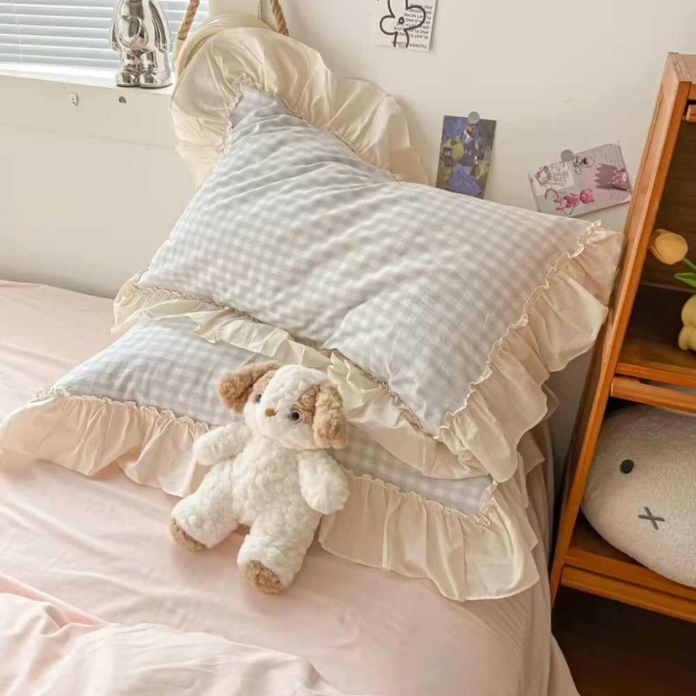 PrincessStyle: Checkered Duvet Cover Set – Soft, Breathable & Decorative with Lace Ruffles for Youth Rooms & Student Dorms