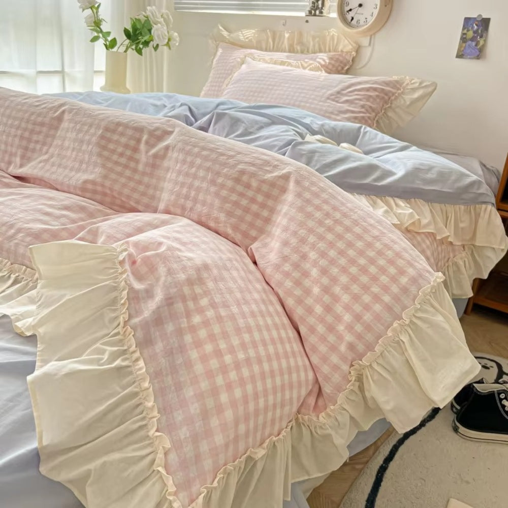 PrincessStyle: Checkered Duvet Cover Set – Soft, Breathable & Decorative with Lace Ruffles for Youth Rooms & Student Dorms