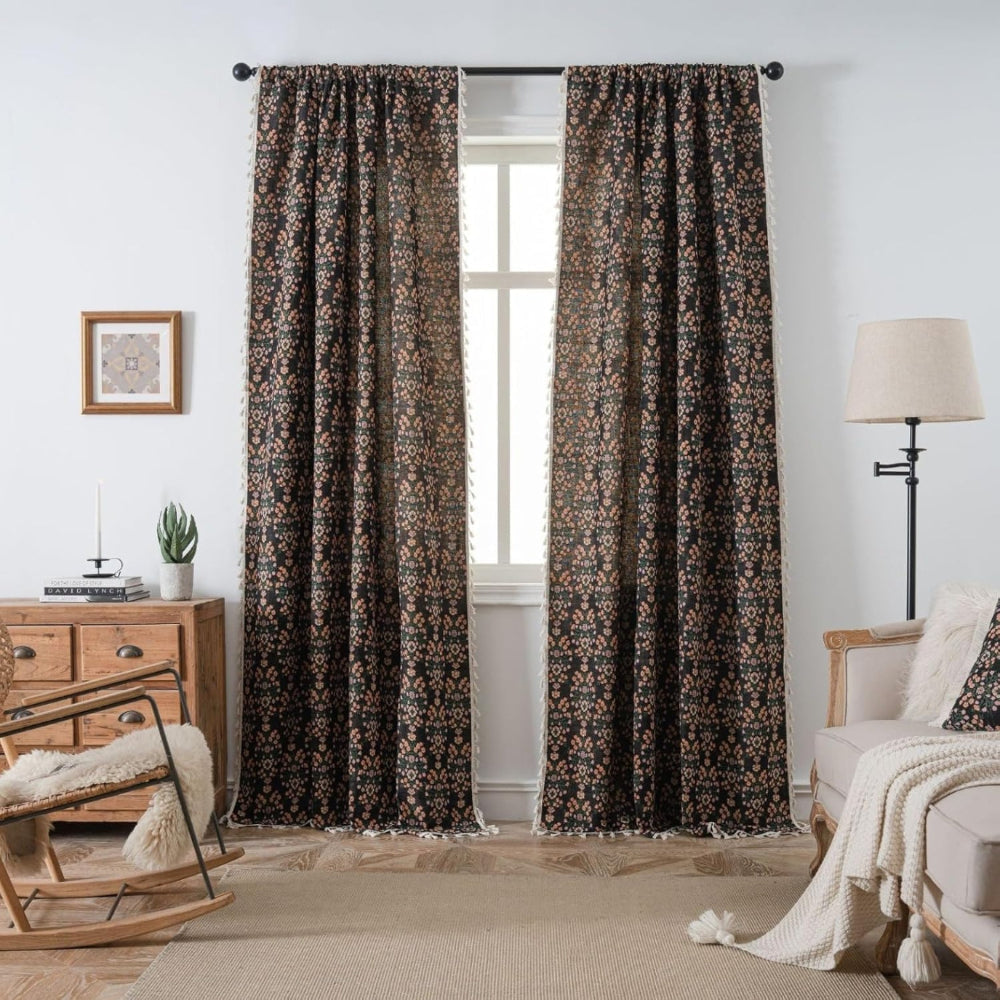 PrismaFlair: Jacquard Curtain with Tassels – Stylish & Sheer for Bedrooms & Kitchens