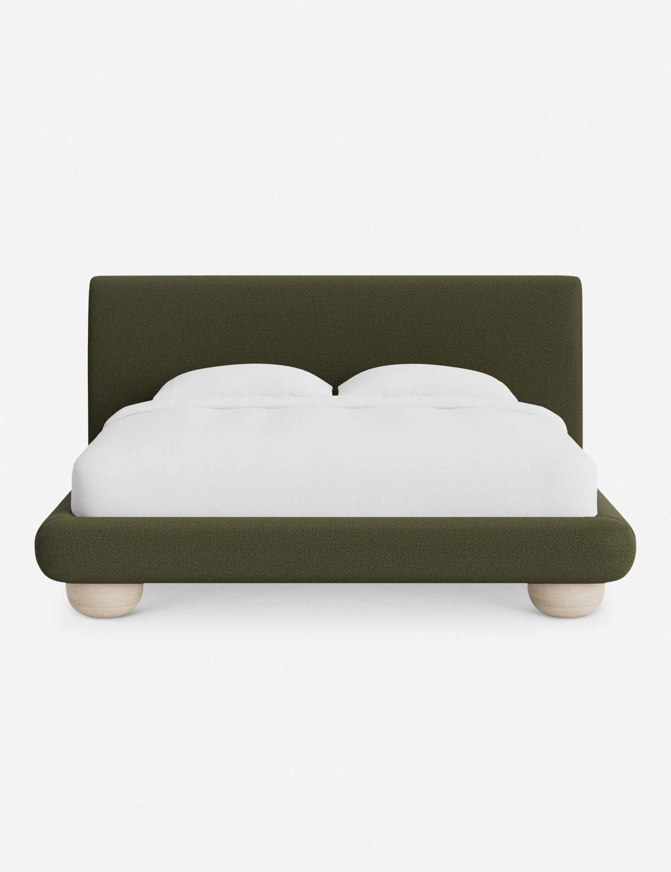 Rivo Platform Bed | Upholstered Frame, Light Wood Grain Base