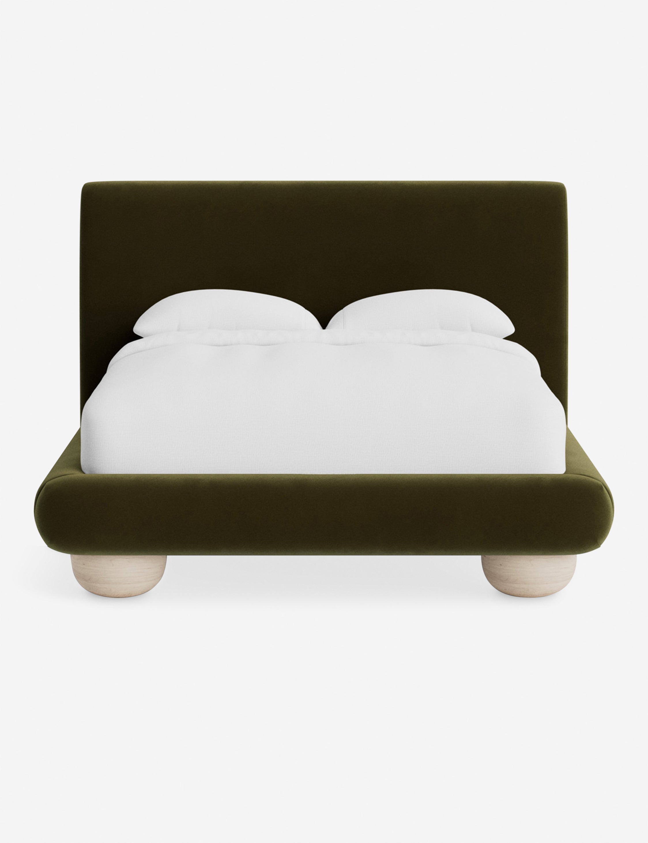 Rivo Platform Bed | Upholstered Frame, Light Wood Grain Base