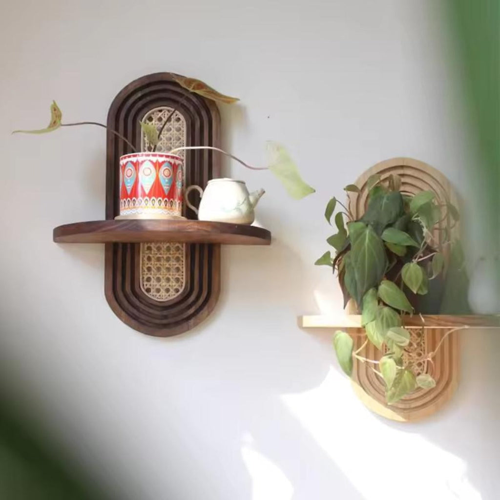 RattanBogen: Wooden Wall Shelf – decorative, floating & hanging with Rattan Back in Boho Style for Living Room & Bedroom