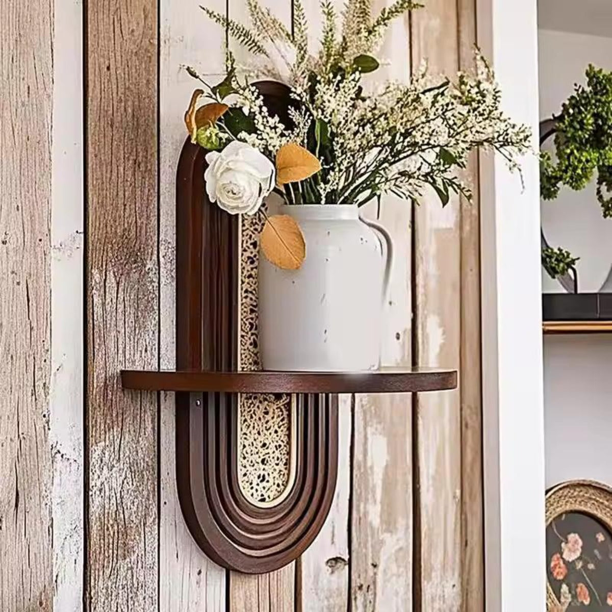 RattanBogen: Wooden Wall Shelf – decorative, floating & hanging with Rattan Back in Boho Style for Living Room & Bedroom