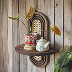 RattanBogen: Wooden Wall Shelf – decorative, floating & hanging with Rattan Back in Boho Style for Living Room & Bedroom