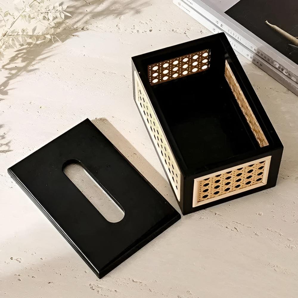 Tissue Box Cover Rattan and Wood Construction Decorative Tissue Holder