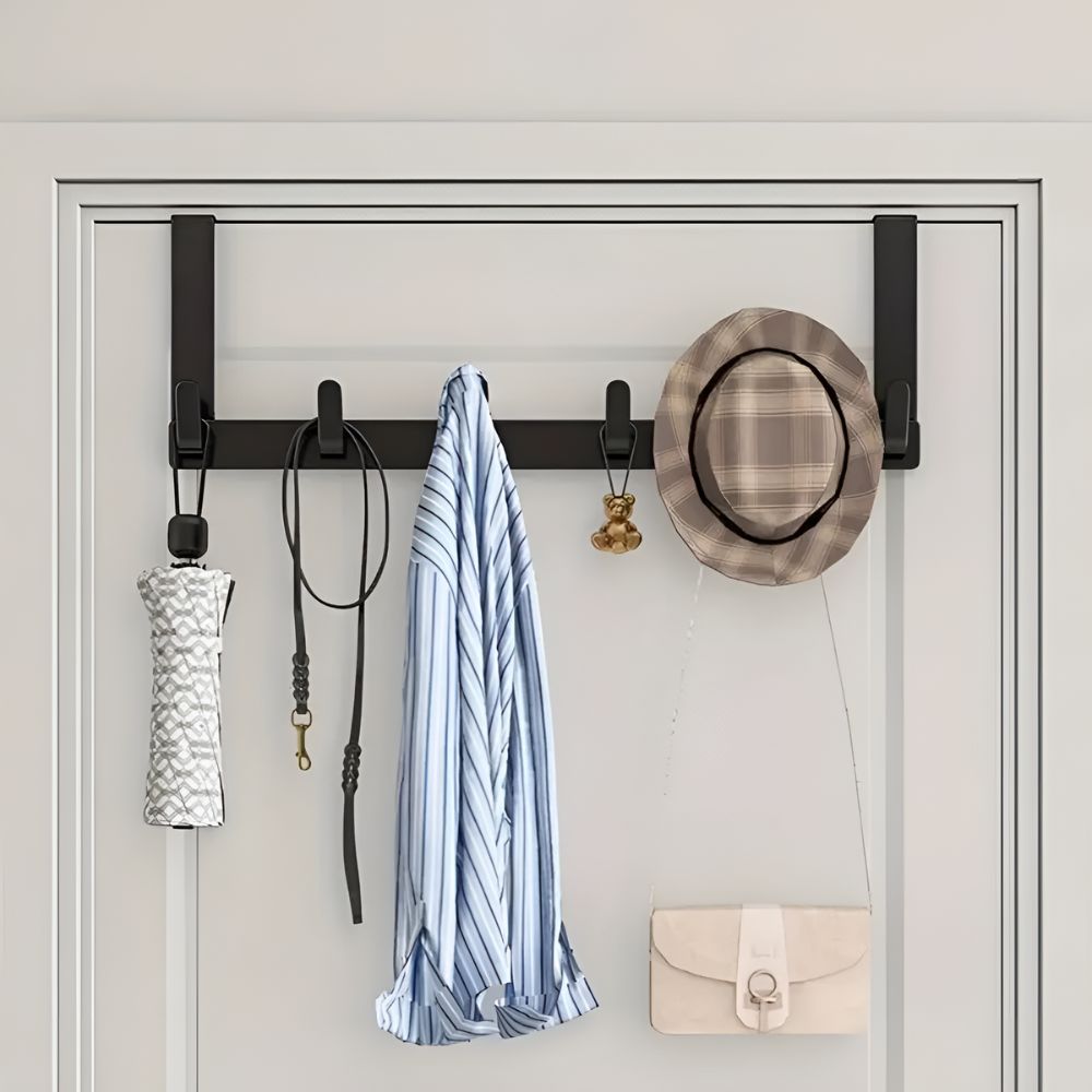 RoomHold: Door Shelf with 5 Stainless Steel Hooks – Screw-Free, Durable & Versatile for Bathroom, Kitchen & Bedroom