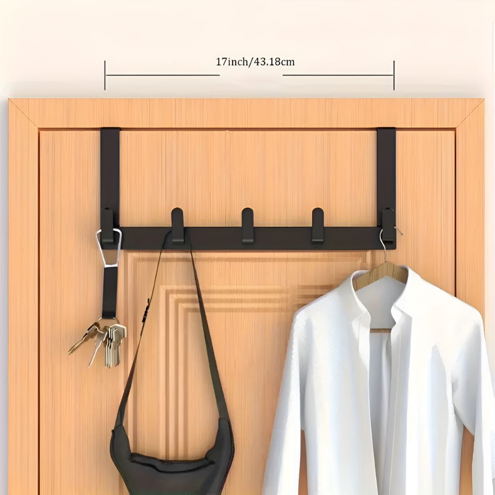 RoomHold: Door Shelf with 5 Stainless Steel Hooks – Screw-Free, Durable & Versatile for Bathroom, Kitchen & Bedroom