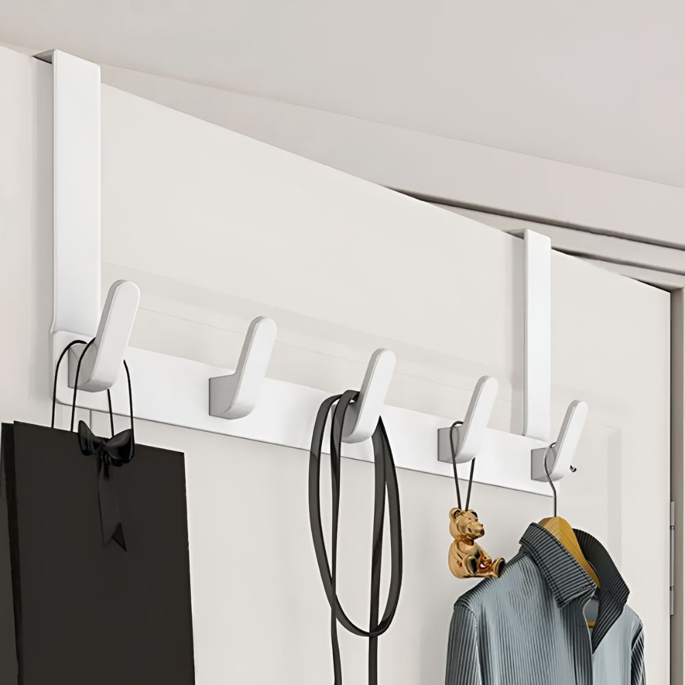 RoomHold: Door Shelf with 5 Stainless Steel Hooks – Screw-Free, Durable & Versatile for Bathroom, Kitchen & Bedroom