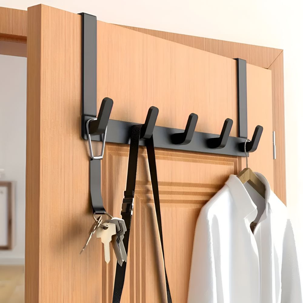 RoomHold: Door Shelf with 5 Stainless Steel Hooks – Screw-Free, Durable & Versatile for Bathroom, Kitchen & Bedroom