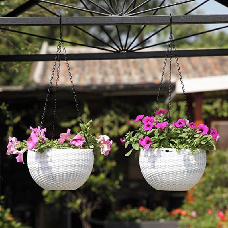 Hanging Planter Resin Rattan Look Round Design Iron Chain