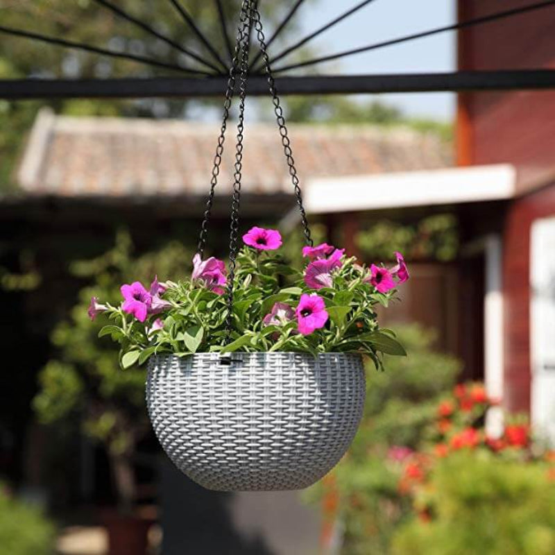 Hanging Planter Resin Rattan Look Round Design Iron Chain